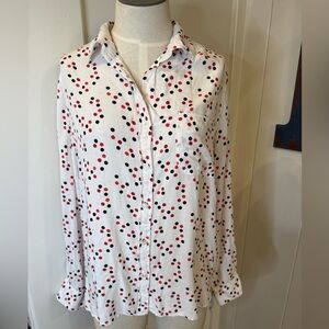 Velvet Heart White Button-Down Shirt with Red and Black Polka Dots Sz L